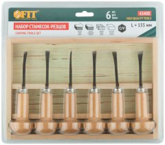 Стамески-резцы CrV по дереву, деревянные ручки, 6 шт., деревянный кейс FIT 43400