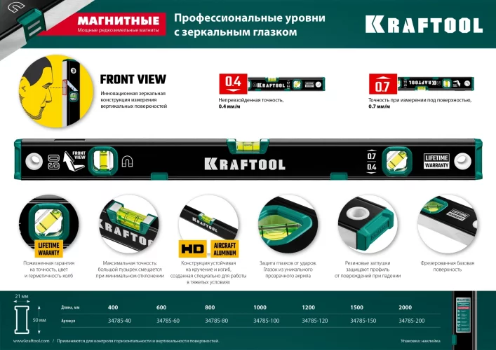 Магнитный уровень KRAFTOOL с зеркальным глазком 1200 мм 34785-120