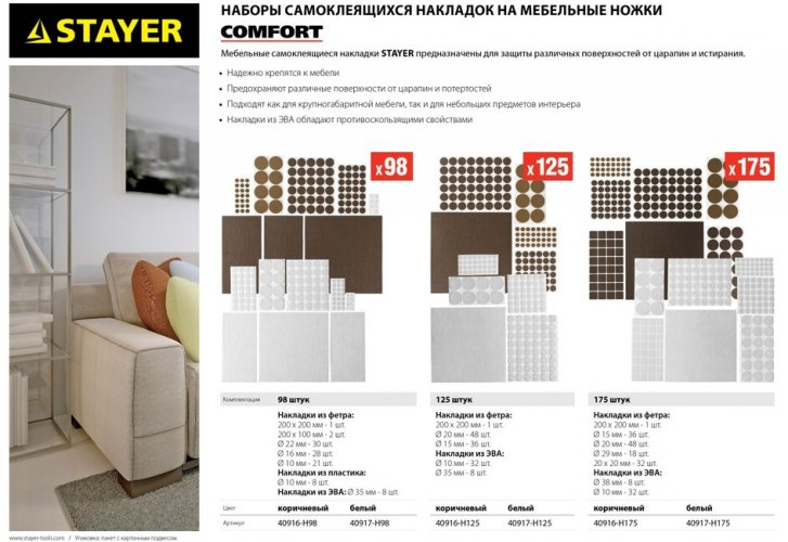 Набор самоклеящихся накладок на мебельные ножки STAYER COMFORT 98шт коричневые 40916-H98