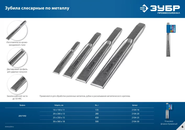 Слесарное двутавровое зубило по металлу ЗУБР 16x150 мм 2104-16