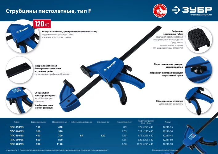 Пистолетная струбцина ЗУБР ППС-900/85 900х85 мм 32241-90
