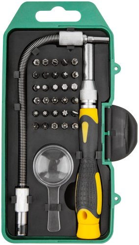 Отвертка с битами для точных работ, 30 CrV бит, гибкий переходник 190 мм, лупа, пластиковый бокс FIT 56190