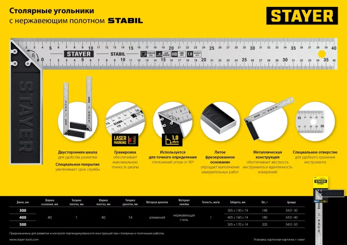 Столярный угольник STAYER Stabil 400 мм с нержавеющим полотном 3431-40_z02