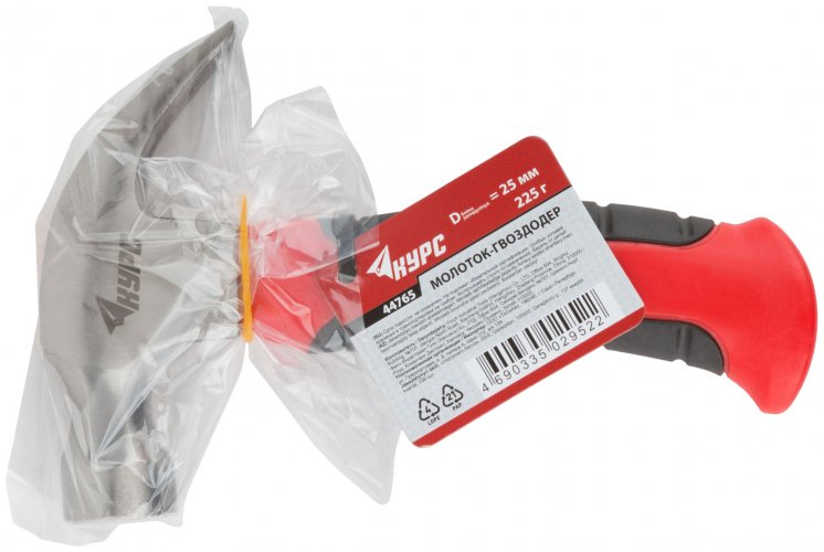 Молоток-гвоздодер укороченный, фиберглассовая обрезиненная ручка, 25 мм, 225 гр. КУРС 44765