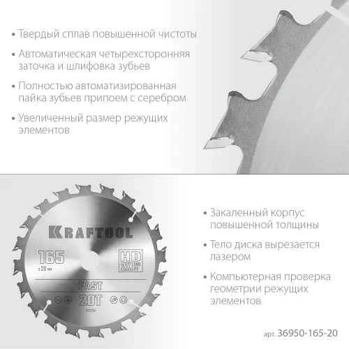 Диск пильный по дереву Fast 165x20 мм, 20Т KRAFTOOL 36950-165-20