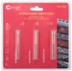 Набор коронок алмазных универсальных, шестигранный хвостовик 1/4", 6/8/10 x 10 х 67 мм CUTOP 70-852