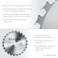 Диск пильный по дереву Fast 210x30 мм, 24Т KRAFTOOL 36950-210-30