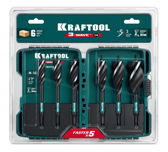 KRAFTOOL 3-Wave 6шт, набор, трехзаходные сверла по дереву с резьбовым центрующим острием (29513-H6)