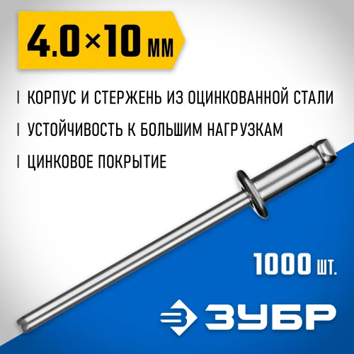Стальные заклепки ЗУБР Профессионал 4.0х10 мм, 1000 шт. 31312-40-10