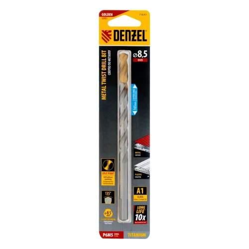 Сверло спиральное по металлу 8,5 х 165 мм, Р6М5, Golden Tip, удлиненное Denzel