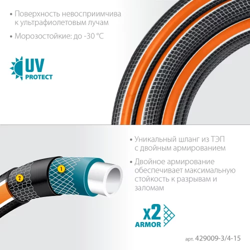 Поливочный шестислойный шланг GRINDA PROLine ultra 6 3/4", 15 м, 25 атм, двойное армирование 429009-3/4-15