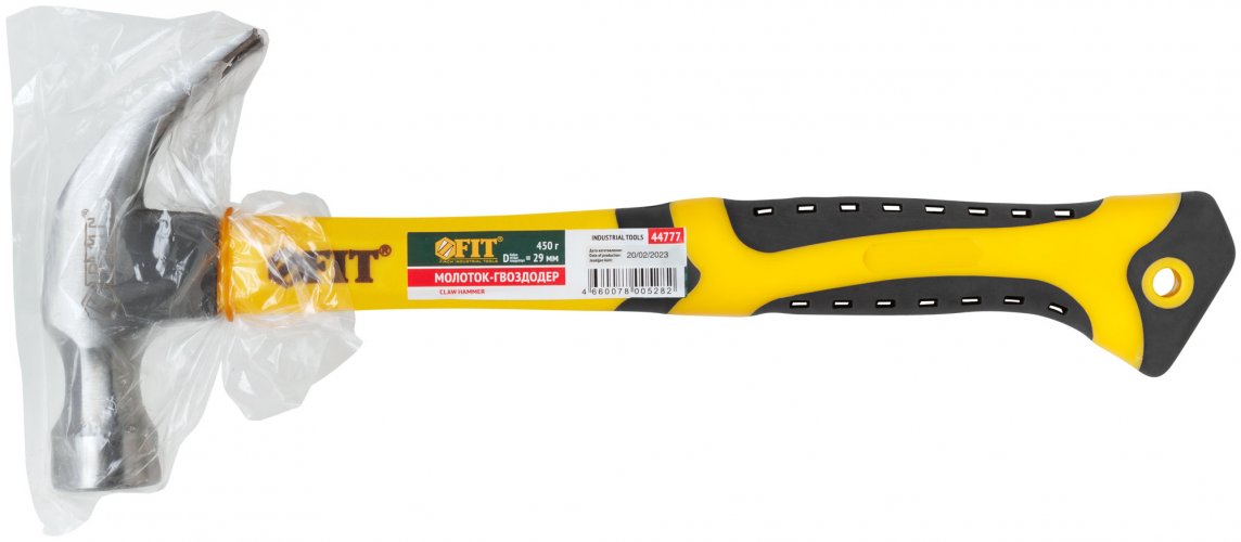 Молоток-гвоздодер, фиберглассовая усиленная ручка, антивибрационные накладки, 30 мм, 450 гр. FIT 44777