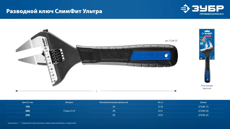 СлимФит Ультра, 150/34 мм, разводной ключ, ПРОФЕССИОНАЛ ЗУБР 27246-15