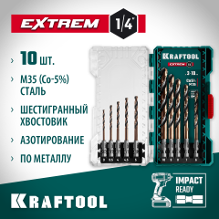 KRAFTOOL НЕХ-1/4″, 10 шт, набор сверл по металлу для винтовёртов и шуруповертов IMPACT READY (29652-H10)