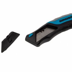 Нож ремонтно-монтажный, трехкомпонентная рукоятка, кнопочный автовыброс, возврат лезвия, 175 мм, 5 запасных лезвий Gross 78879