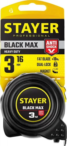 Рулетка BlackMax 3м / 16мм в ударостойком полностью обрезиненном корпусе и двумя фиксаторами STAYER 3410-03_z02