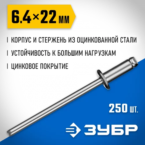Заклепки стальные Профессионал (250 шт; 6.4х22 мм) ЗУБР 31312-64-22