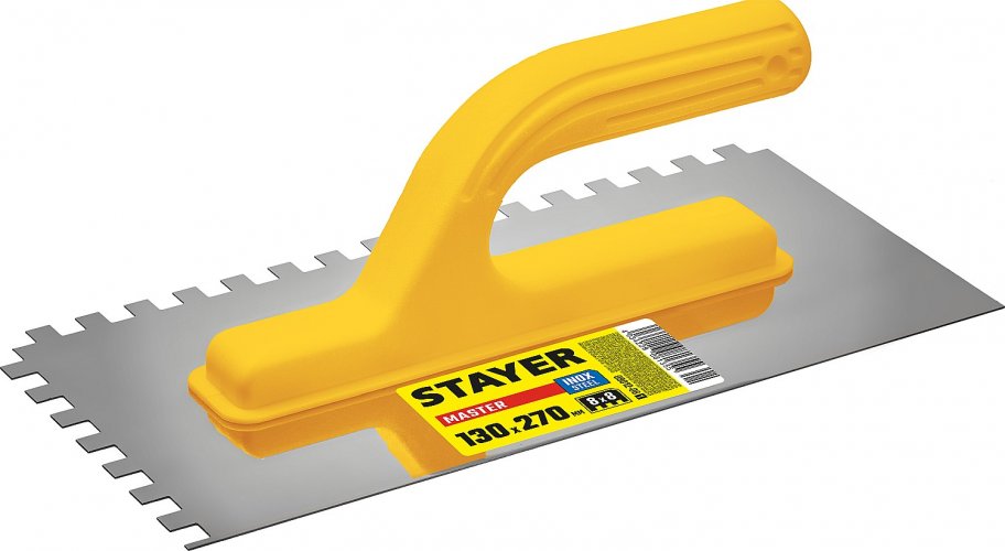 Штукатурная зубчатая нержавеющая гладилка с пластиковой ручкой STAYER Master 130x27 0мм, 8x8 мм 08012-08_z01
