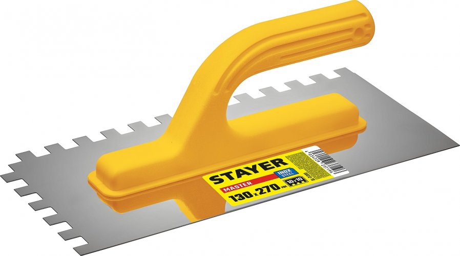 Штукатурная зубчатая нержавеющая гладилка с пластиковой ручкой STAYER Master 130x270мм, 10x10 мм, 08012-10