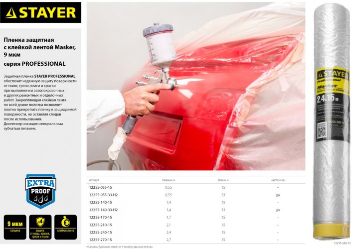 Защитная пленка STAYER Маскер с клейкой лентой ПНД 10 мкм 1700 мм x 15 м 12255-170-15