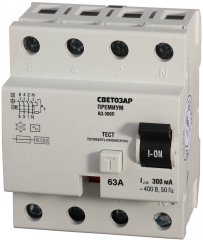 Дифференциальный выключатель УЗО СВЕТОЗАР Премиум 4-полюсный, 63A, "AC", откл.диф.ток. 300мА, 400В SV-49134-300-63