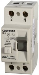Дифференциальный 2-полюсный выключатель СВЕТОЗАР УЗО 25A, "AC", откл. диф.ток. 30мА, 230В SV-49152-30-25