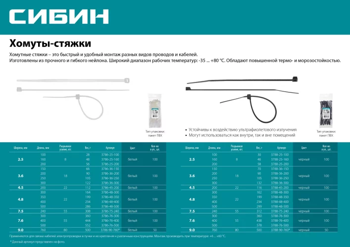 Хомуты-стяжки черные ХС-Ч, 3.6 х 300 мм, 100 шт, нейлоновые, СИБИН 3788-36-300