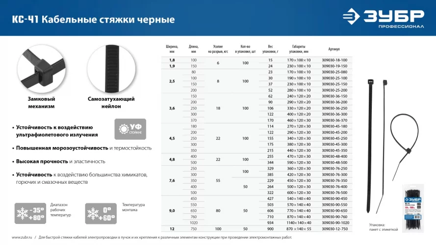 Нейлоновые хомуты ЗУБР черные, 3.6x150 мм, 100 шт. 309030-36-150