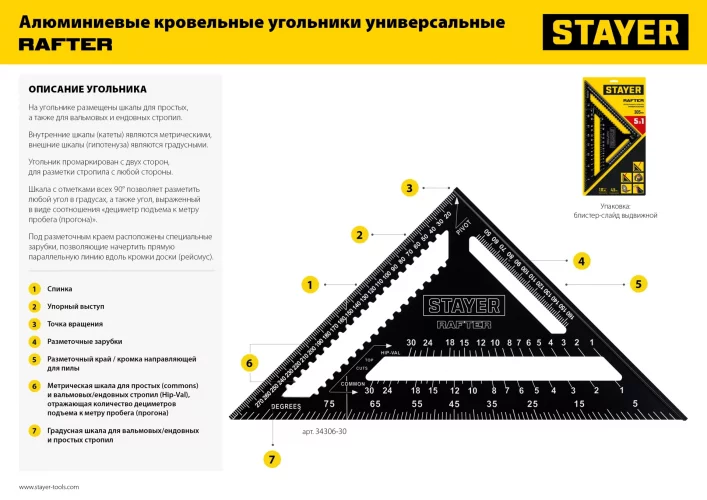 Универсальный кровельный угольник STAYER Rafter 5-в-1 170 мм 34306-17