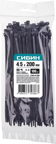 Хомуты-стяжки черные ХС-Ч, 4.5 х 200 мм, 100 шт, нейлоновые, СИБИН 3788-45-200