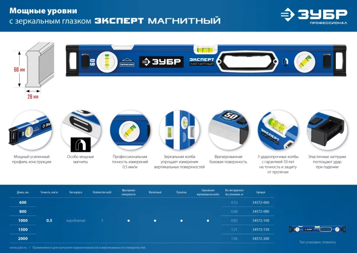 Магнитный уровень ЗУБР Эксперт-М с зеркальным глазком, 1000 мм 34572-100