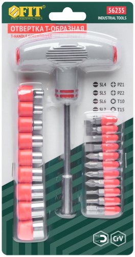 Отвертка Т-образная, 11 CrV бит и 9 головок FIT 56235