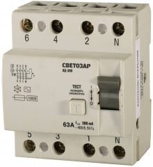Дифференциальный выключатель СВЕТОЗАР УЗО 4-полюсный, 63A, "AC", откл.диф.ток. 300мА, 400В SV-49174-300-63