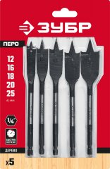 Набор перовых сверл по дереву, 5 шт, 12-25 мм, хвостовик HEX 1/4, ЗУБР, 29505-H5_z01