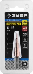 Ступенчатое сверло по металлу ЗУБР Кобальт 4-12 мм, 5 ступеней, сталь Р6М5+Со 29672-4-12-5_z01