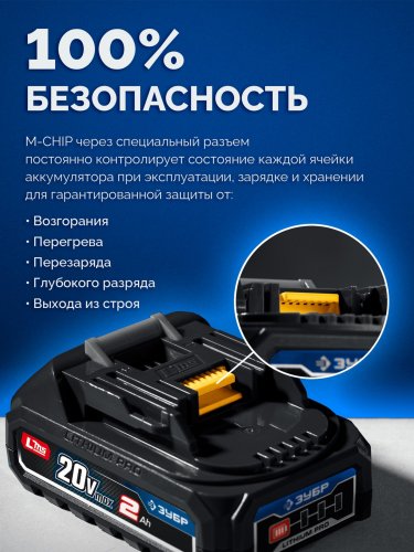 ЗУБР 20 В, ″Сотка″ d105 мм, 1 АКБ LMS (2 А·ч), компактная УШМ, сумка, Профессионал (AB-100-850-21)