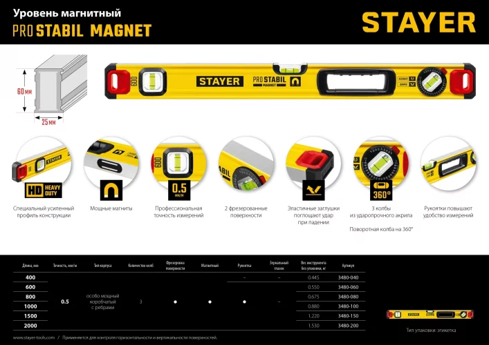 Уровень STAYER Professional магнитный с двумя фрезерованными поверхностями 600 мм 3480-060