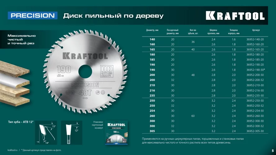 Диск пильный по дереву KRAFTOOL Precission 305x30 мм, 60Т 36952-305-30