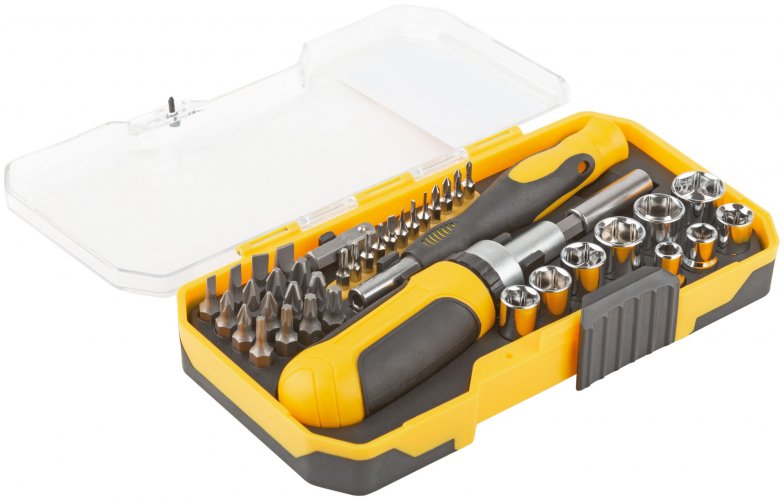 Отвертки реверсивная и для точных работ, набор 41 шт., пластиковый прорезиненный кейс FIT 56385