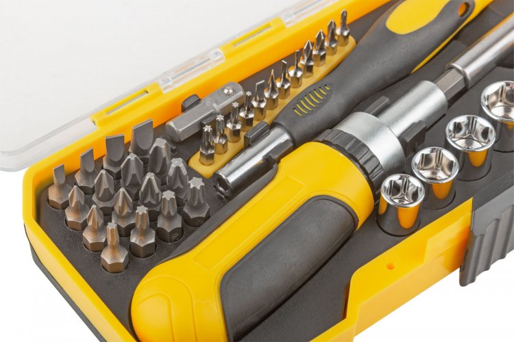 Отвертки реверсивная и для точных работ, набор 41 шт., пластиковый прорезиненный кейс FIT 56385