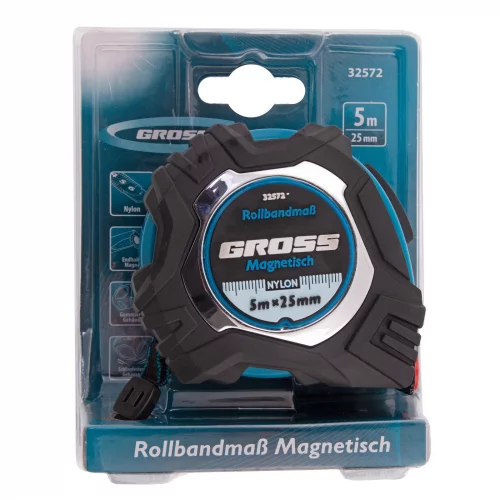 Рулетка Magnetisch 5 м х 25 мм,обрезиненный корпус,автоматическая фиксация,Нейлоновое покрытиеытие,зацеп с магнитом GROSS 32572