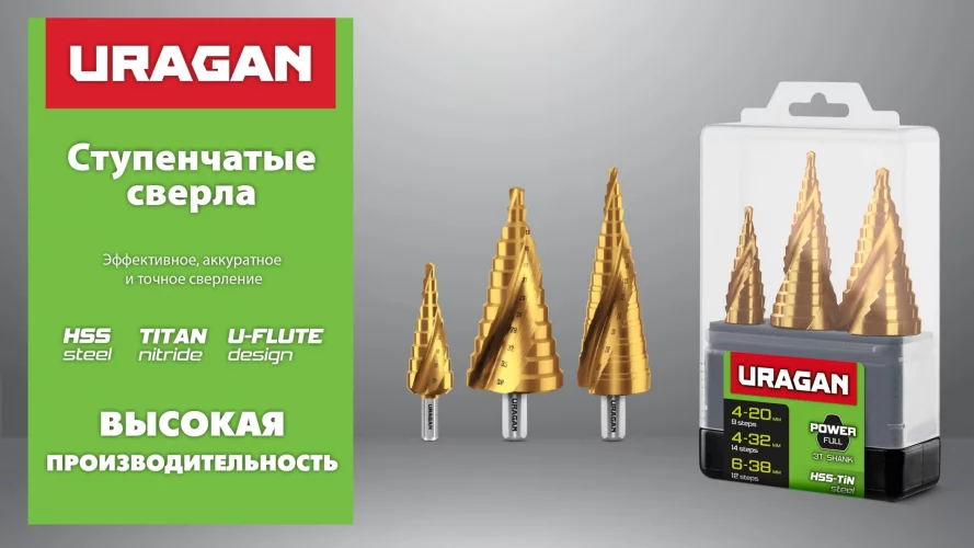 URAGAN 3 шт, 4-30мм, винтовая спираль, набор сверл ступенчатых(29658-4-30-H3)