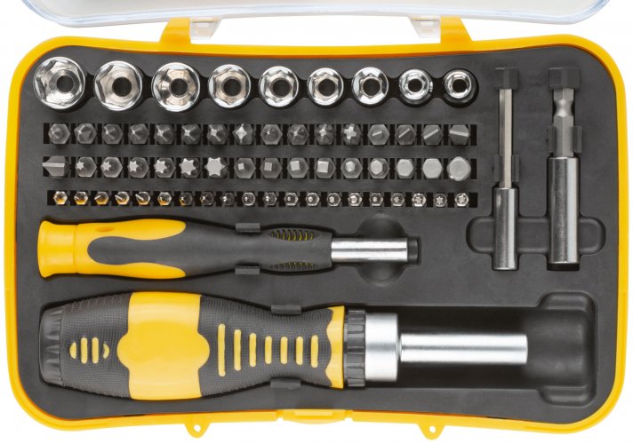 Отвертки реверсивная и для точных работ, набор 65 шт., пластиковый прорезиненный кейс FIT 56387