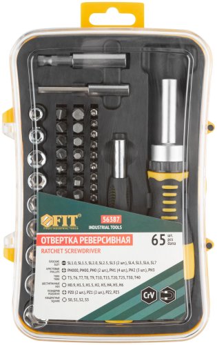Отвертки реверсивная и для точных работ, набор 65 шт., пластиковый прорезиненный кейс FIT 56387