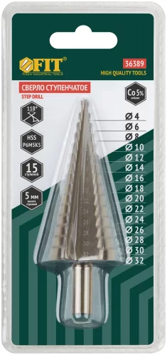 Сверло ступенчатое HSS Co5% (Р6М5К5) по металлу, 15 ступеней, 4-32 мм FIT 36389