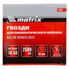 Гвозди для пневматического нейлера 16GA, сечение 1.6 х 1.4, длина 35 мм, 2500 шт Matrix 57607