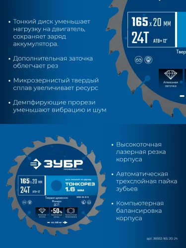 Тонкорез 165х20 x 1.6 мм, 24Т, диск пильный по дереву, тонкий рез, Профессионал ЗУБР 36933-165-20-24