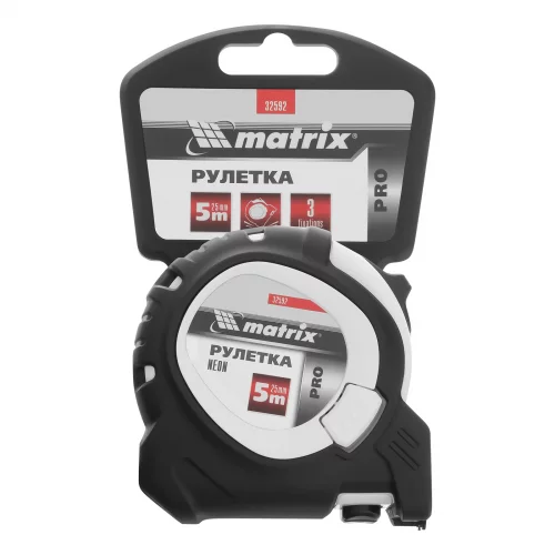 Рулетка Neon,5 м x 25 мм,обрезиненный корпус,3 фиксации,Pro Matrix 32592