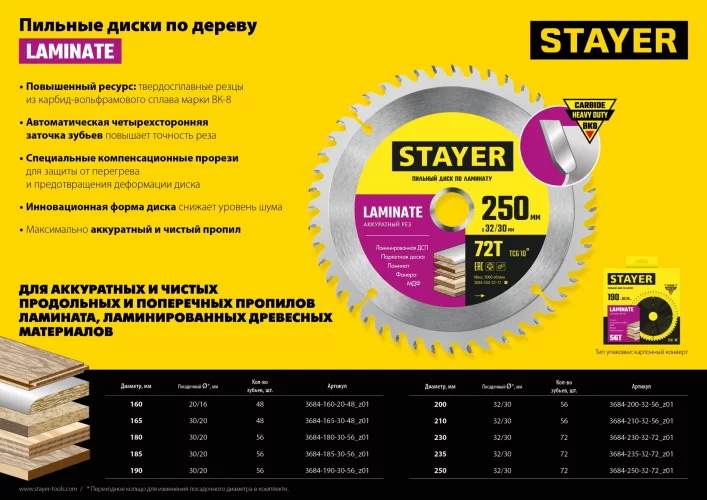 Диск пильный по ламинату Аккуратный рез (165x30/20 мм; 48T) STAYER 3684-165-30-48_z01