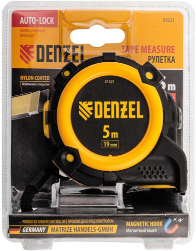 Рулетка 5м х 19мм, автоматич. фиксац., нейлон. покрытие, магнит. зацеп, двухстор. разметка Denzel 31521
